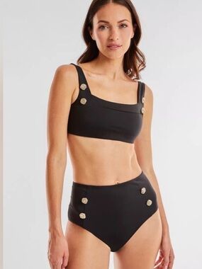 NWT Noli Mykonos Black High-Waist Bikini Set with Gold Button Accents